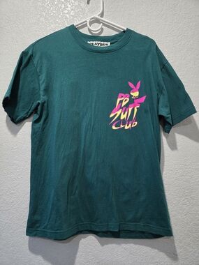 PLAYBOY Teal Tee with Neon Pink and Yellow Bunny Graphic